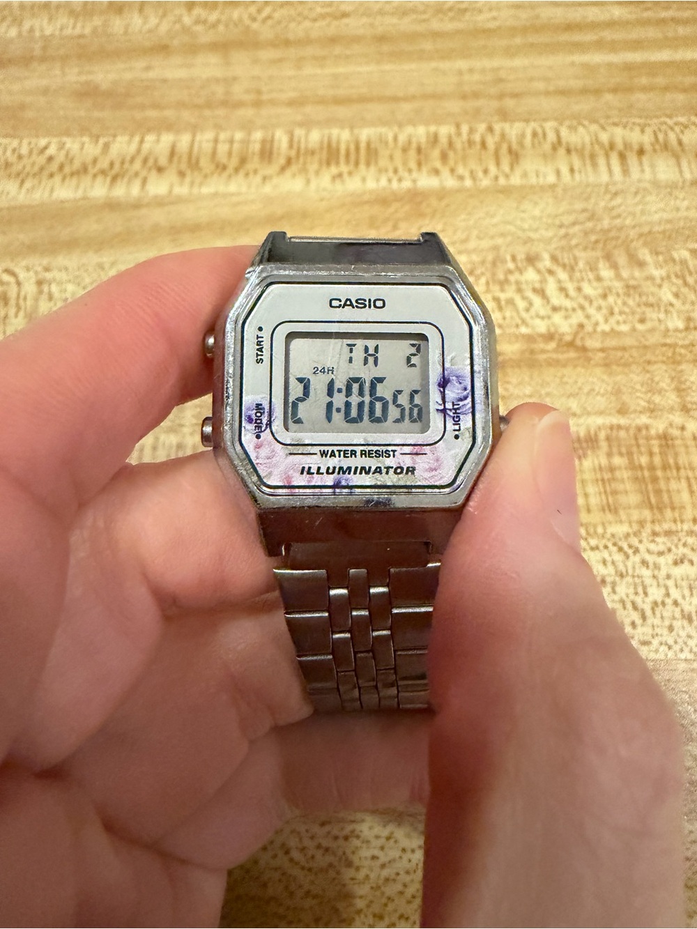 Casio Silver Digital Watch with Purple Floral Accents
